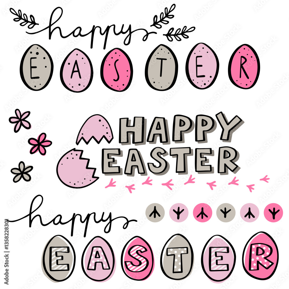happy easter wishes colorful hand drawn header original typographic text with illustrated elements isolated on white background