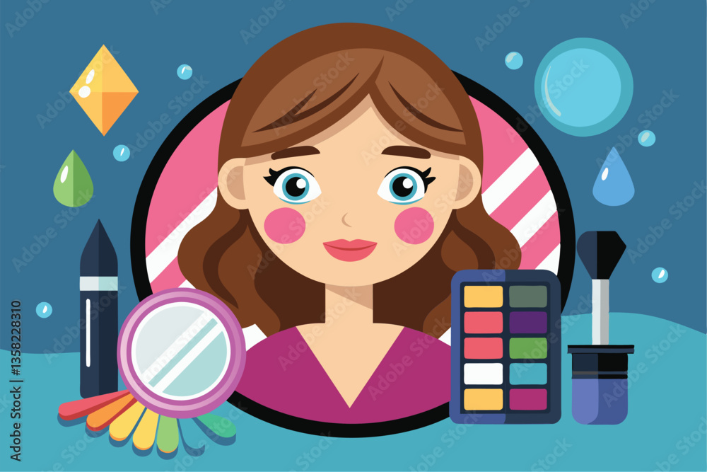 A cartoon character showcases various waterproof makeup tools and colors for personal styling, Waterproof makeup Customizable Cartoon Illustration A cartoon character showcases various waterproof makeup tools and colors for personal styling, Waterproof makeup Customizable Cartoon Illustration