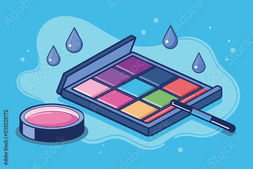 A colorful, customizable waterproof makeup palette with shades and an applicator displayed on a bright background, Waterproof makeup Customizable Semi Flat Illustration