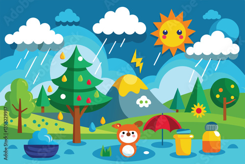 A colorful landscape featuring sunshine, rain, trees, and playful characters in a whimsical setting, Weather Customizable Cartoon Illustration
