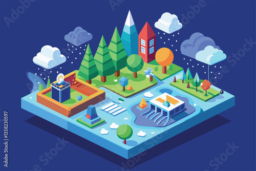 A vibrant landscape illustrates weather effects on trees, buildings, and a river, Weather Customizable Isometric Illustration