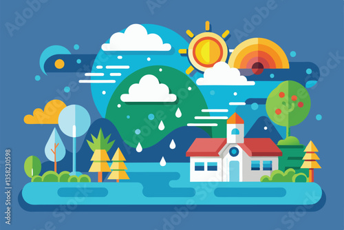 A vibrant landscape shows a combination of sun, clouds, and rain over lush trees and a quaint house by a lake, Weather Customizable Semi Flat Illustration