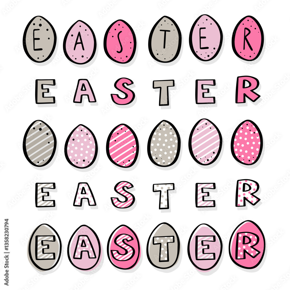 happy easter colorful doodle card with hand drawn painted eggs and english original typographic text; square composition with illustrated elements isolated on white background