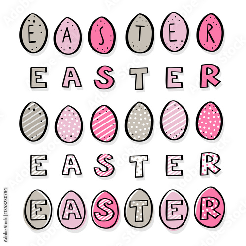 Obraz na płótnie happy easter colorful doodle card with hand drawn painted eggs and english original typographic text; square composition with illustrated elements isolated on white background w salonie