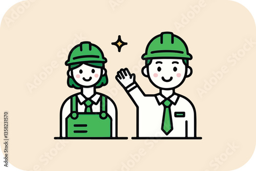 Two Friendly Workers Waving Hello, Wearing Safety Helmets and Uniforms