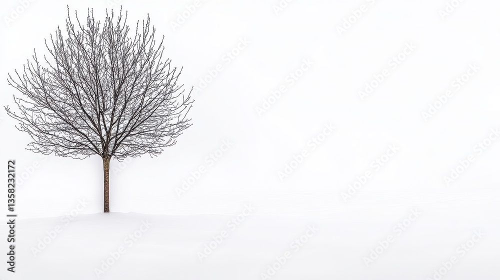 Fototapeta premium Bare Tree in Snowy Landscape Under a White Sky During Winter