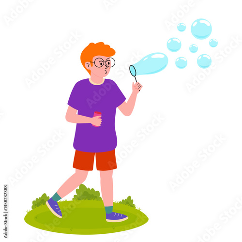 Boy blowing bubbles in a park on a sunny day enjoying outdoor playtime