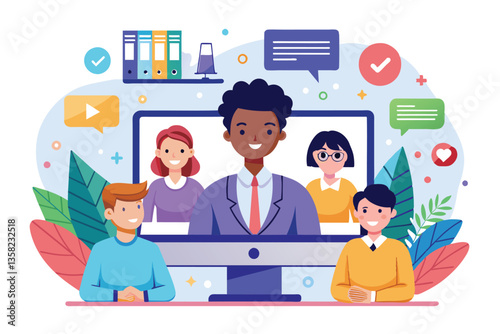 A vibrant illustration showcases a webinar with diverse participants engaged in a virtual discussion, Webinar Customizable Disproportionate Illustration