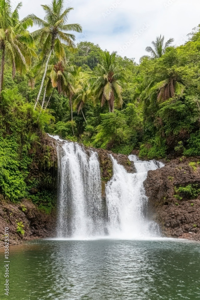 Fototapeta premium Serene Waterfall Surrounded by Lush Green Tropical Forestscape