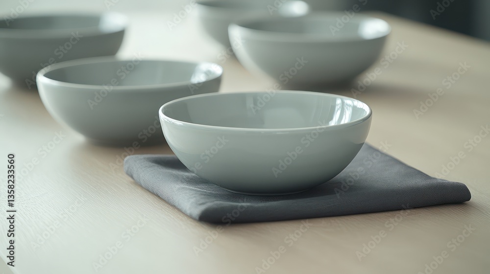 A modern table layout featuring pale gray dishes, a charcoal napkin, and a plain wooden table surface
