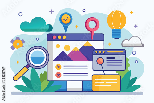 A vibrant web search interface displays interactive elements like icons, search bars, and visuals in a creative layout, Web search Customizable Disproportionate Illustration