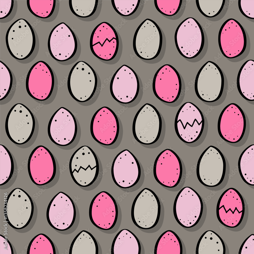 WebColorful easter eggs in horizontal rows with some cracked eggs spring season holiday vector seamless pattern isolated on dark background