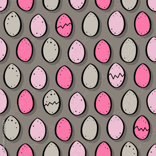 WebColorful easter eggs in horizontal rows with some cracked eggs spring season holiday vector seamless pattern isolated on dark background