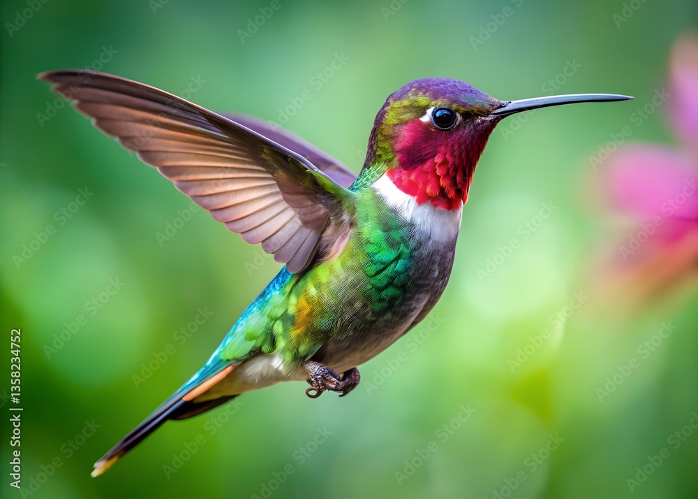 Fototapeta premium Emerald Wings: A Ruby-throated Hummingbird is captured mid-flight, displaying its iridescent green and red plumage against a blurred background.