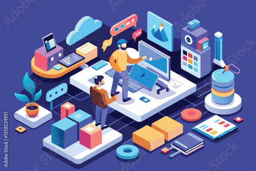 Two designers engage in a productive discussion while working on a customizable illustration project, Website creator Customizable Isometric Illustration