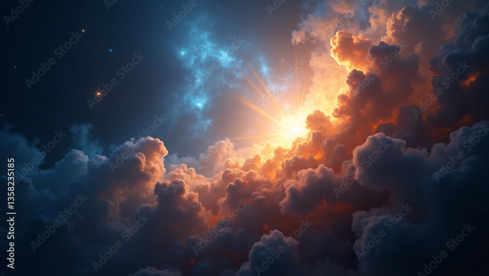 Fototapeta premium Celestial Light Burst Illuminating Dramatic Space Clouds in Starry Sky