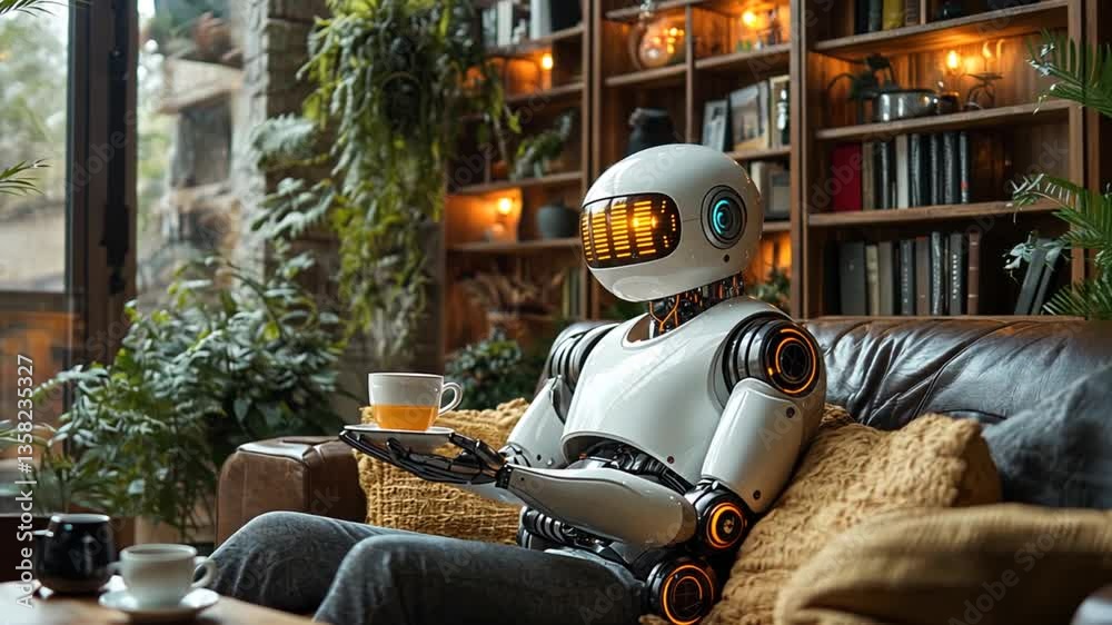 Robotic figure relaxing in cozy cafe interior. Possible stock photo use Robotic figure relaxing in cozy cafe interior. Possible stock photo use