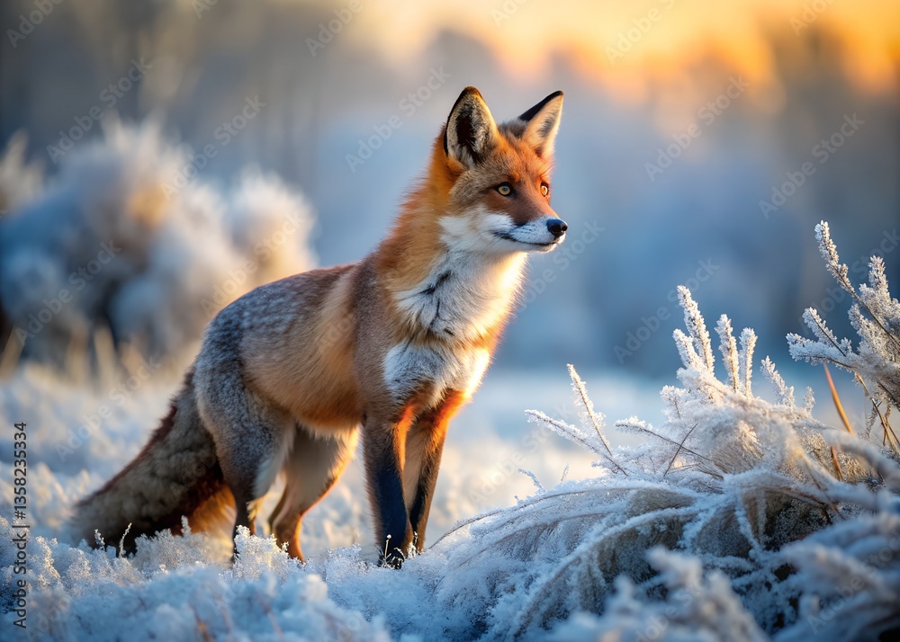 Fototapeta premium Red Fox in Snowy Landscape: A majestic red fox with vibrant, reddish-orange fur stands regally amidst a serene, snow-covered landscape under a soft, diffused light.