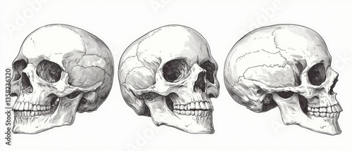 Three detailed anatomical drawings of human skulls, viewed from different angles.  Precise rendering of bone structure