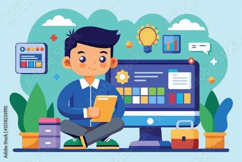 A young boy is using a tablet while sitting next to a computer with various design elements around him, Website setup Customizable Cartoon Illustration