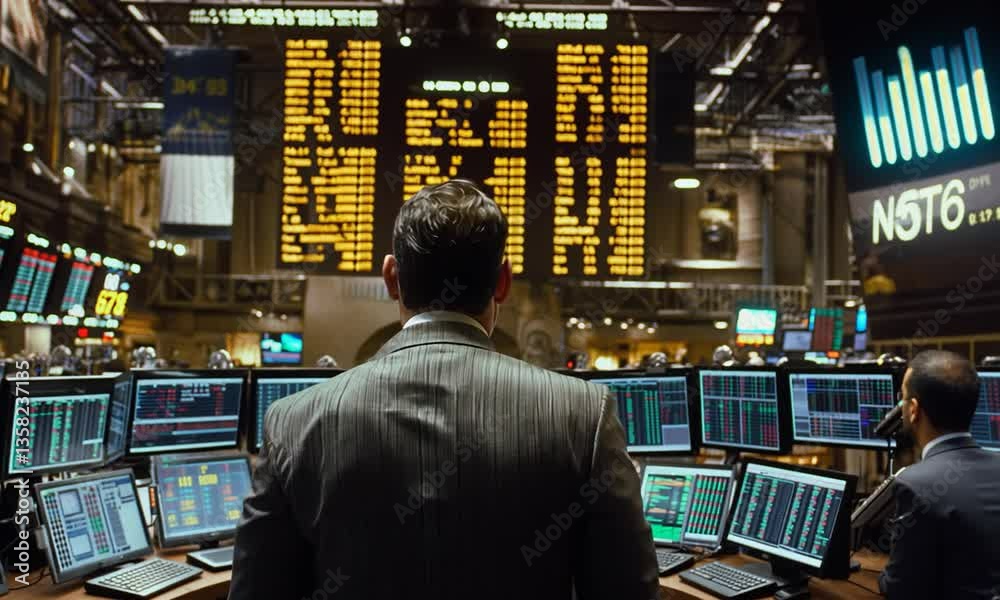 A stock trader analyzing market trends in a bustling trading floor surrounded by digital displays A stock trader analyzing market trends in a bustling trading floor surrounded by digital displays