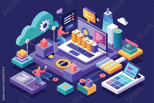 A vibrant isometric illustration depicts a customizable website setup with interactive elements and users at work, Website setup Customizable Isometric Illustration
