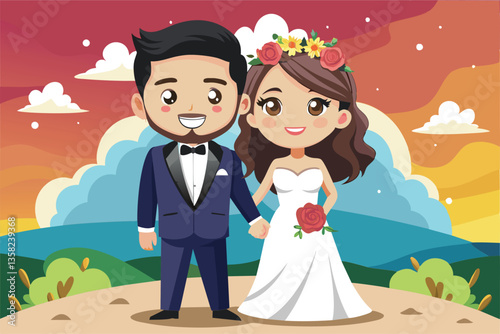 A joyful cartoon couple in formal attire holds hands, surrounded by a vibrant sunset and scenic hills, Wedding Customizable Cartoon Illustration