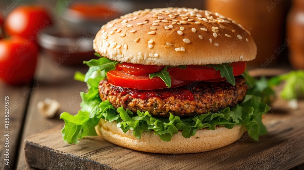 Delicious looking hamburger with fresh ingredients on wooden table Delicious looking hamburger with fresh ingredients on wooden table