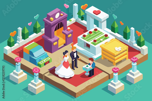 A couple stands together at a wedding altar with colorful decorations, while a guest presents a gift, Wedding Customizable Isometric Illustration