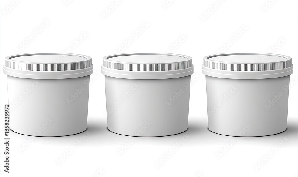 Three identical, white, cylindrical containers with lids, arranged in a row against a white background Three identical, white, cylindrical containers with lids, arranged in a row against a white background