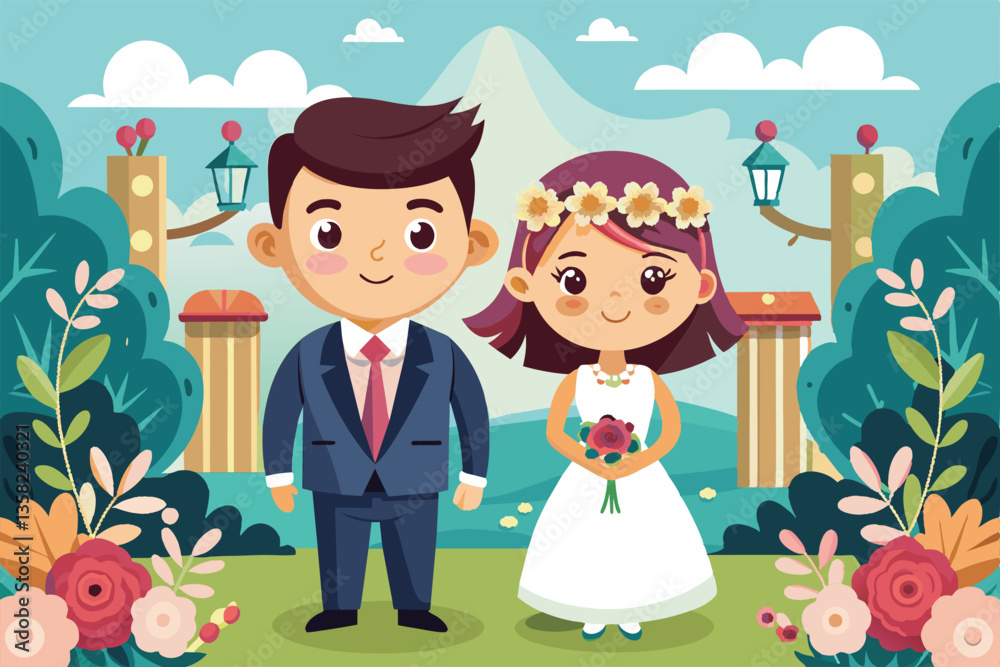 A cheerful wedding planner helps a couple with their wedding in a vibrant outdoor setting filled with flowers, Wedding planner Customizable Cartoon Illustration A cheerful wedding planner helps a couple with their wedding in a vibrant outdoor setting filled with flowers, Wedding planner Customizable Cartoon Illustration