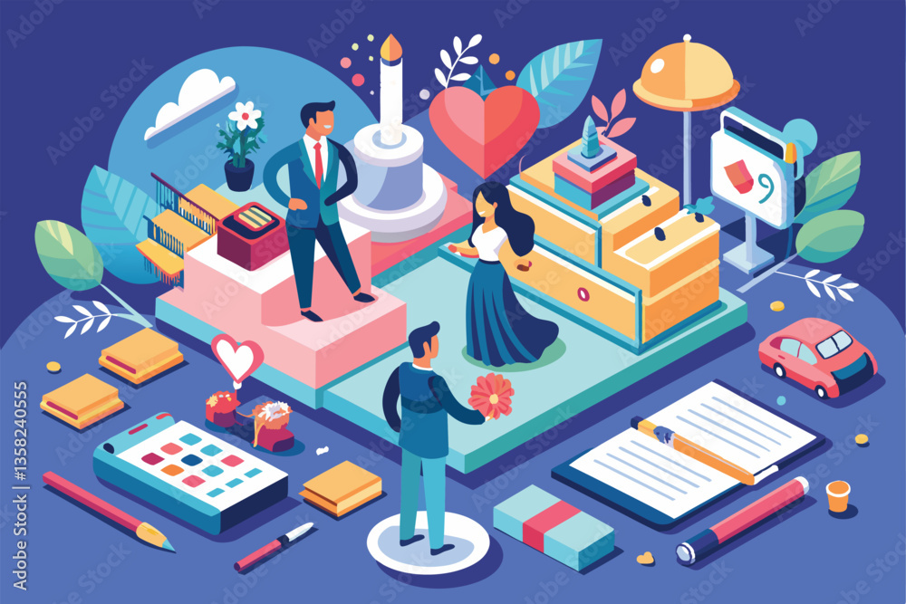 A vibrant isometric design shows couples engaging in wedding planning with decorations and planning tools, Wedding planner Customizable Isometric Illustration A vibrant isometric design shows couples engaging in wedding planning with decorations and planning tools, Wedding planner Customizable Isometric Illustration