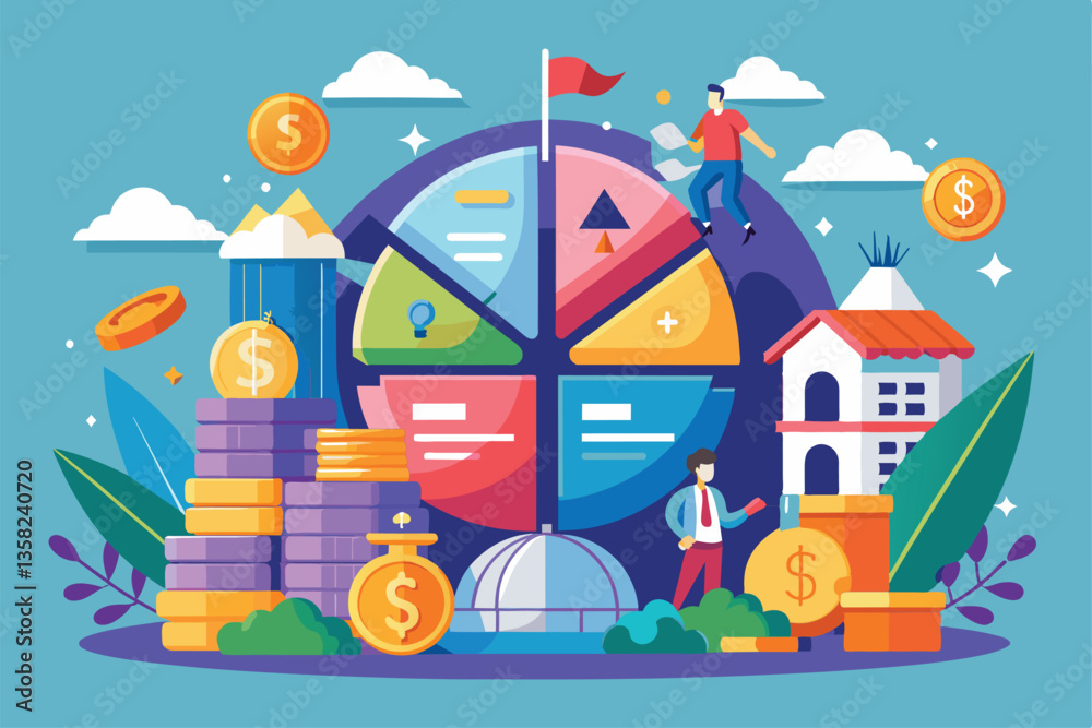 A colorful illustration depicting people evaluating financial choices with money and wealth indicators, Weigh money in the bank concept A colorful illustration depicting people evaluating financial choices with money and wealth indicators, Weigh money in the bank concept