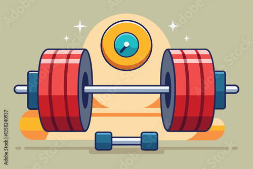 A colorful cartoon shows customizable weights with a barbell and a scale in the background, Weights Customizable Cartoon Illustration