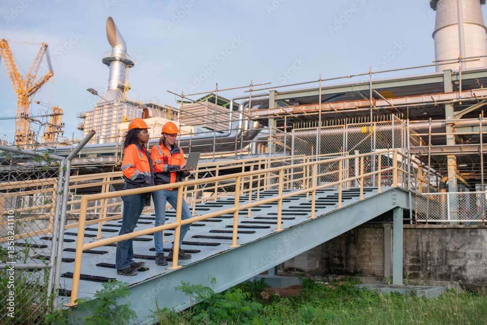 Naklejka premium Engineers wearing safety gear, including hard hats examining survey a large blueprint tablet standing industrial facility gas or oil refinery engaged in a job requires high safety standards concept.