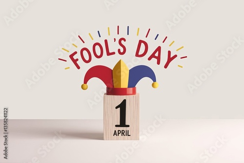 April Fools Day Wooden Block Calendar Festive Jester Hat Fun Holiday Celebration Design Illustration