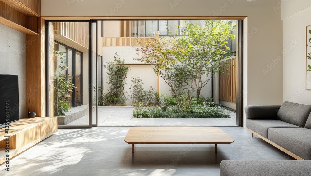 Fototapeta premium Modern Japanese interior living room with courtyard view