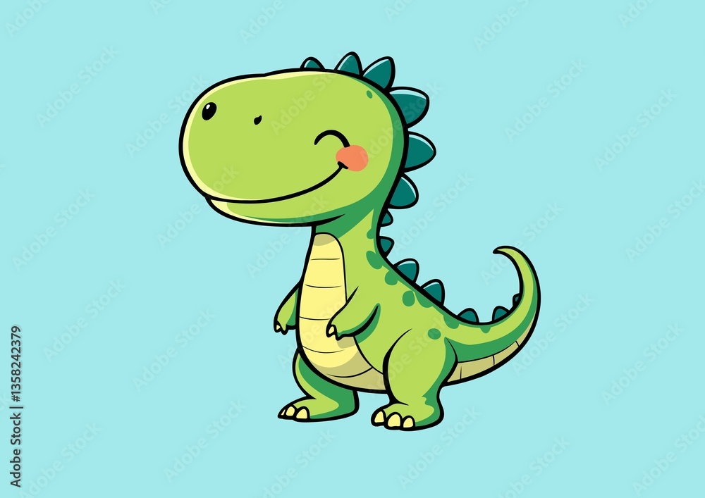 Fototapeta premium Adorable Green Dinosaur Cartoon with Funny Expression