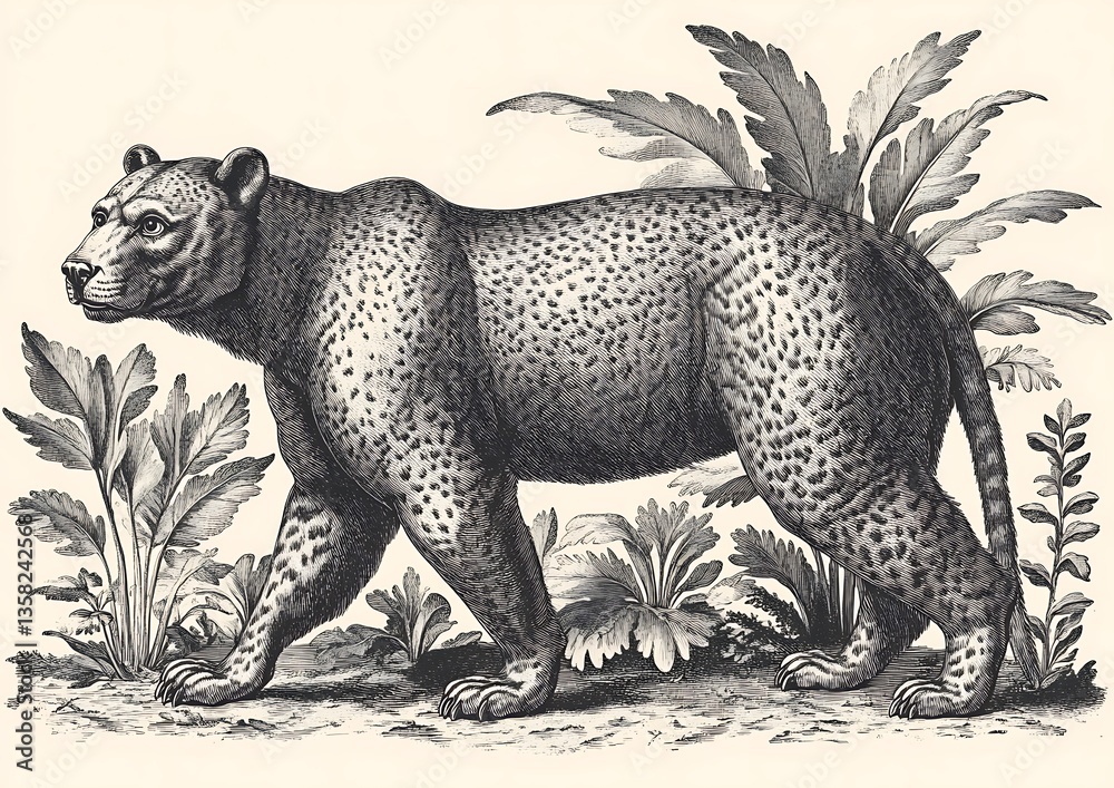 Fototapeta premium A Detailed Engraving Depicting a Spotted Cat Surrounded by Foliage