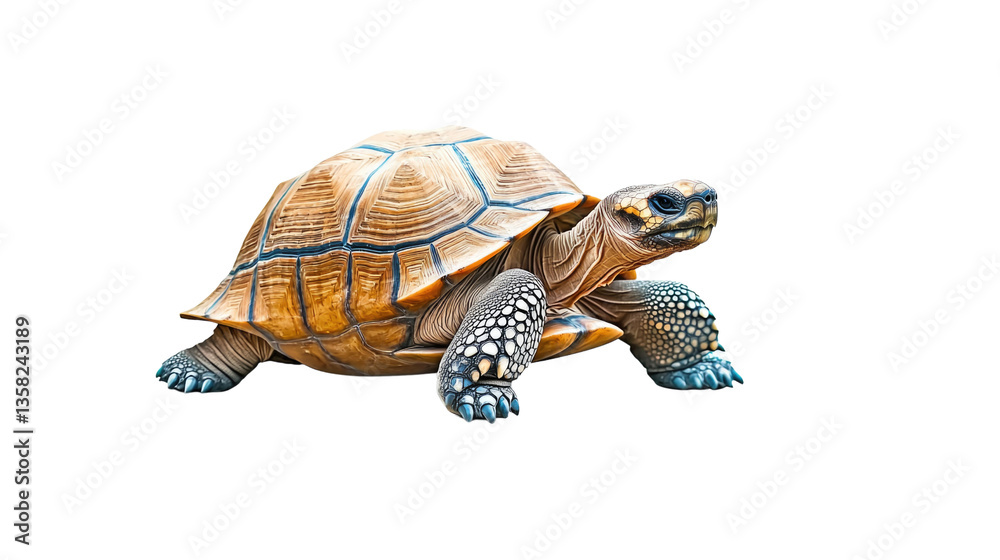 Obraz premium Majestic Tortise Crawling on a White Background Showcasing Textures and Colors of the Shell