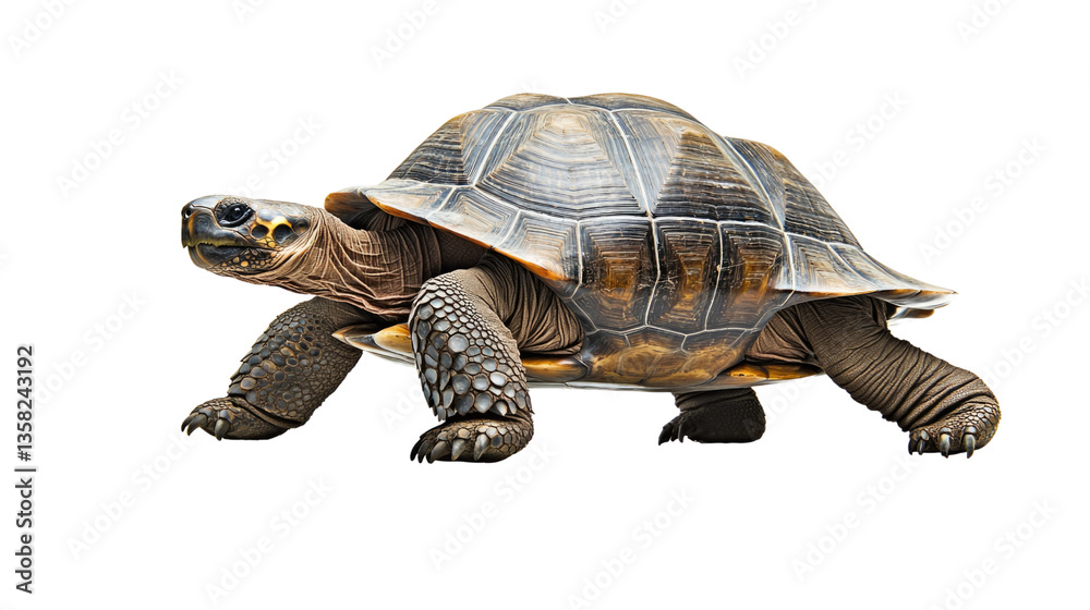 Fototapeta premium Detailed Side View of a Realistic Tortoise Crawling on a Black Background