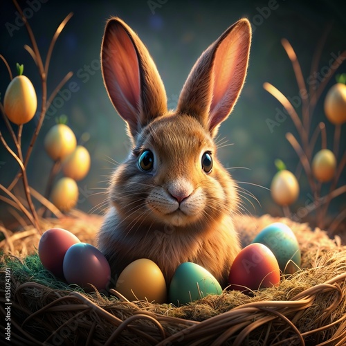 A cute rabbit surrounded by colorful Easter eggs in a cozy nest, easter bunny with easter eggs