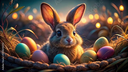 A sweet rabbit seated among pastel Easter eggs in a cozy nest, easter bunny and easter eggs