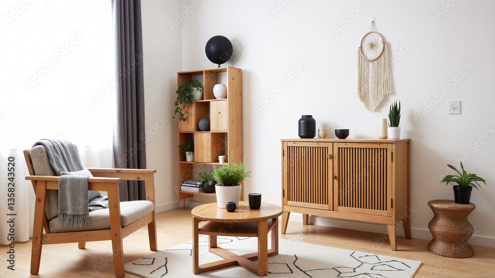 Fototapeta premium Stylish Scandinavian Living Room with Natural Wood Furniture and Plants