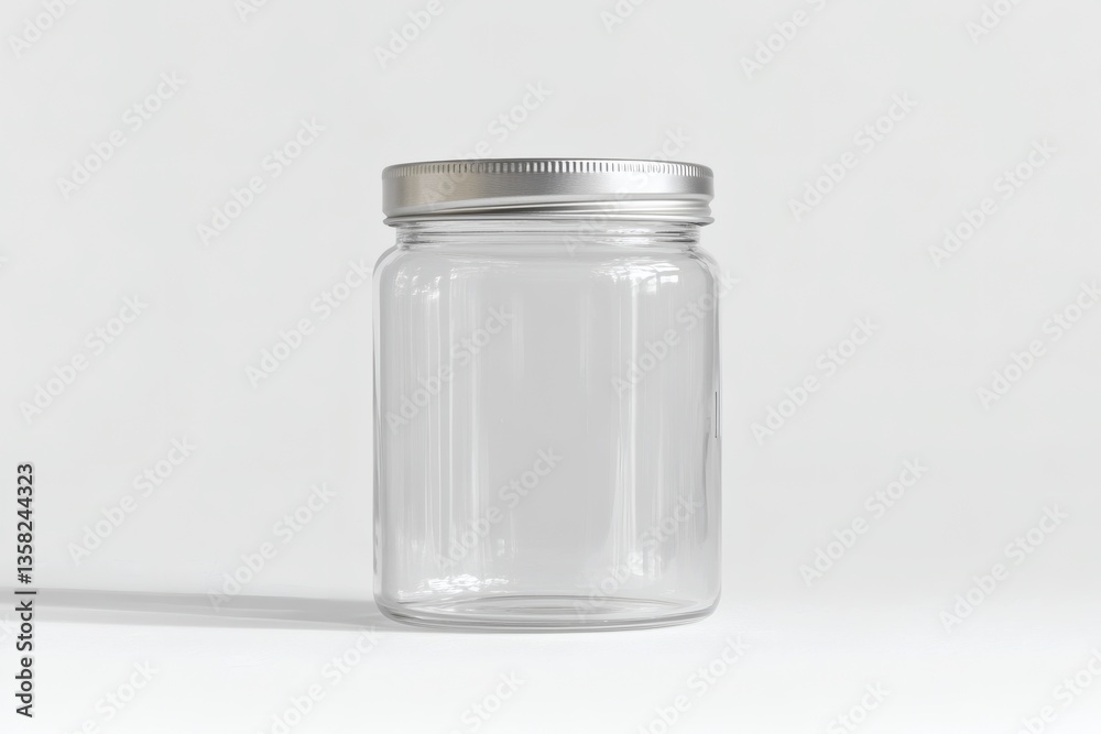 Elegant empty glass jar with silver lid presented on a clean white backdrop Elegant empty glass jar with silver lid presented on a clean white backdrop