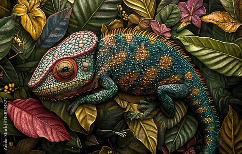 A chameleon camouflaged among tropical leaves, intricate textures and colors 