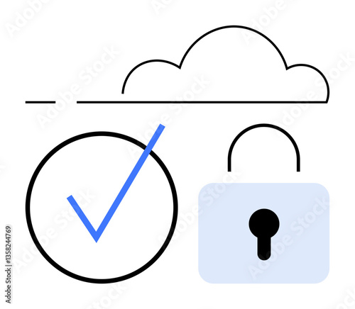 Cloud outline above a blue checkmark in a circle and a padlock. Ideal for cybersecurity, cloud access, data protection, secure login, privacy, digital storage, trust. Flat simple metaphor
