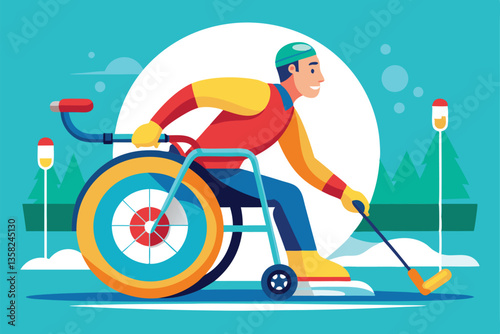 A person competes in wheelchair curling, skillfully maneuvering while enjoying winter sports outdoors, Wheelchair curling Customizable Flat Illustration