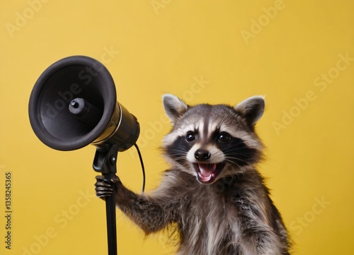 Wallpaper Mural a single happy racoon with loudspeaker in plain vivid yellow background with copy space. Black friday sales, holiday sales, advertisement banner (1) Torontodigital.ca
