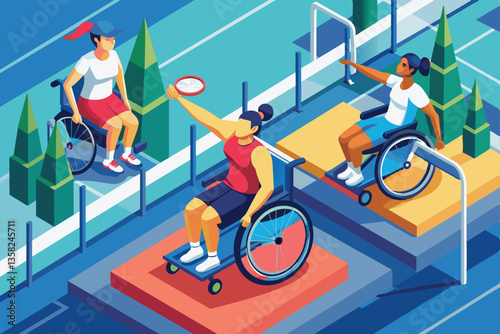 Two athletes in wheelchairs engage in a competitive fencing match outdoors with a vibrant backdrop, Wheelchair fencing Customizable Isometric Illustration